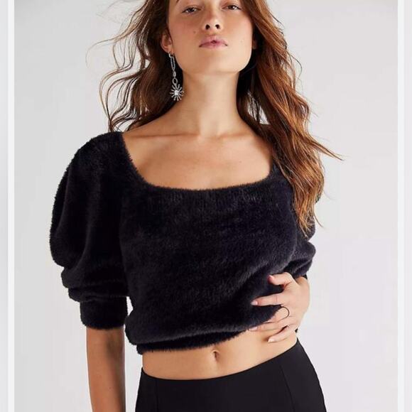 Free People Grunge Boho Moonbeam 3/4 Puff Sleeve Pullover Cropped Sweater Black - Picture 3 of 16